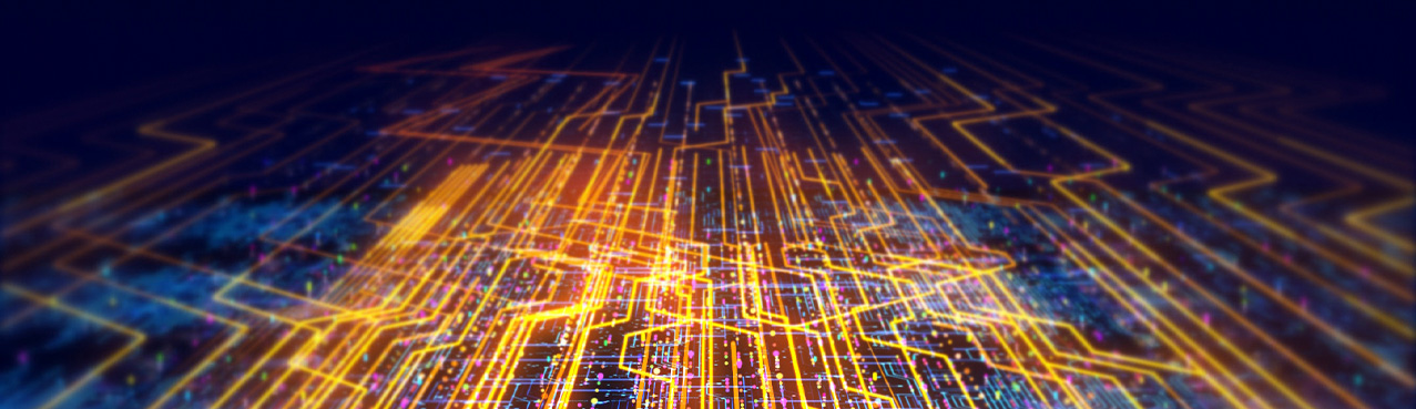 Yellow circuits on blue background
