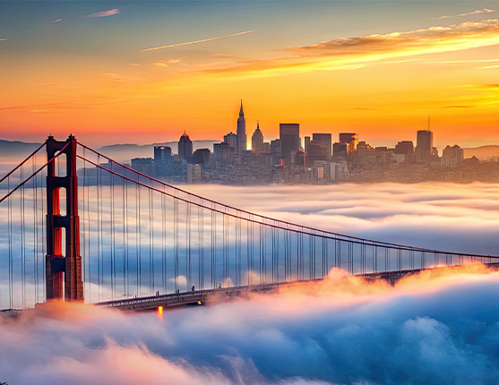 Image: Golden Gate Bridge with San Francisco cityscape under fog coverof 