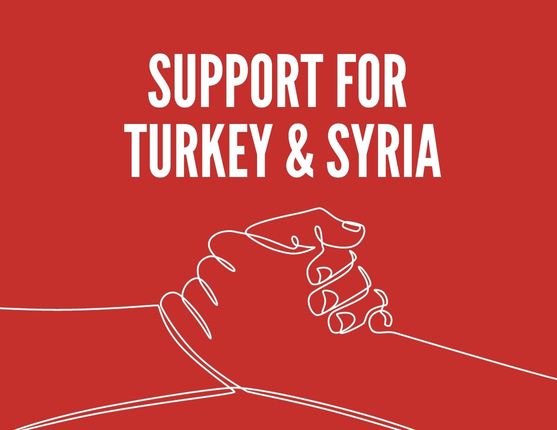 Image: graphic of two hand holding each other and words saying support for turkey and syria