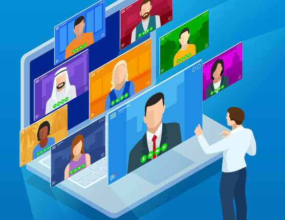 Image: Man speaking with people online